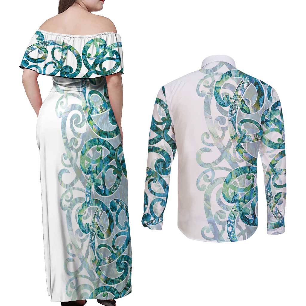 Paua Shell Maori Couples Matching Off Shoulder Maxi Dress and Long Sleeve Button Shirt Koru Kowhaiwhai LT7 - Polynesian Pride