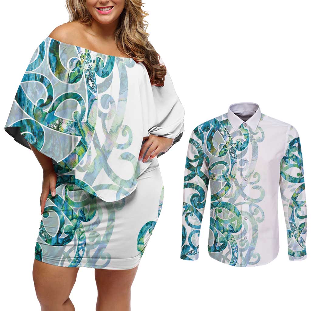 Paua Shell Maori Couples Matching Off Shoulder Short Dress and Long Sleeve Button Shirt Koru Kowhaiwhai LT7 White - Polynesian Pride