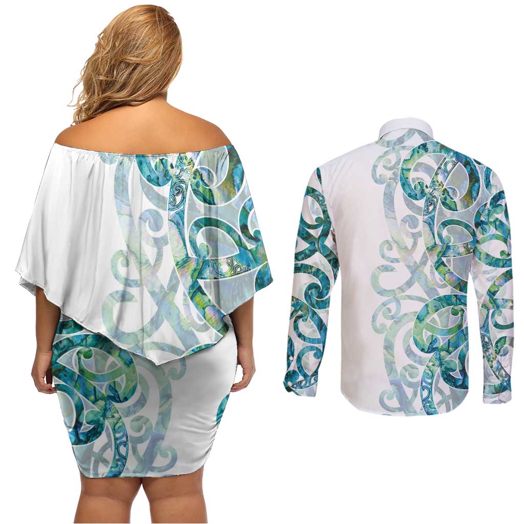 Paua Shell Maori Couples Matching Off Shoulder Short Dress and Long Sleeve Button Shirt Koru Kowhaiwhai LT7 - Polynesian Pride