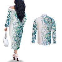 Paua Shell Maori Couples Matching Off The Shoulder Long Sleeve Dress and Long Sleeve Button Shirt Koru Kowhaiwhai LT7 - Polynesian Pride