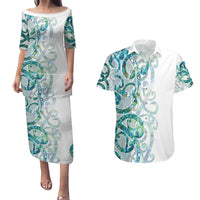 Paua Shell Maori Couples Matching Puletasi and Hawaiian Shirt Koru Kowhaiwhai LT7 White - Polynesian Pride