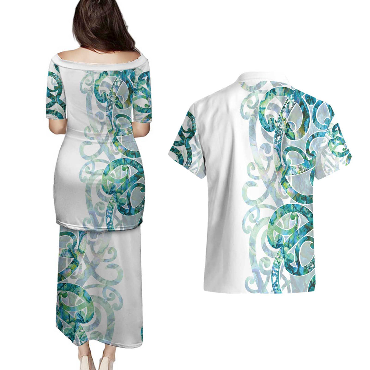 Paua Shell Maori Couples Matching Puletasi and Hawaiian Shirt Koru Kowhaiwhai LT7 - Polynesian Pride