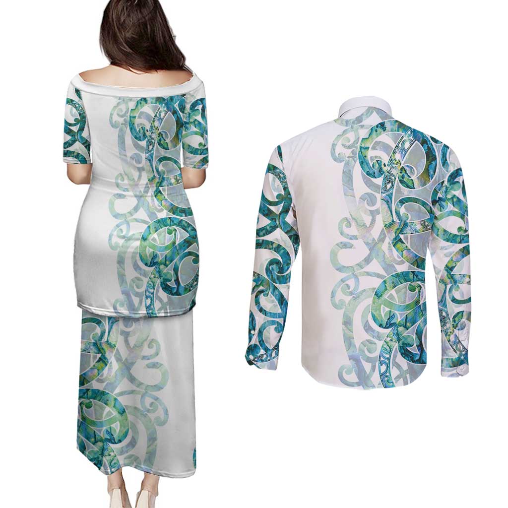 Paua Shell Maori Couples Matching Puletasi and Long Sleeve Button Shirt Koru Kowhaiwhai LT7 - Polynesian Pride