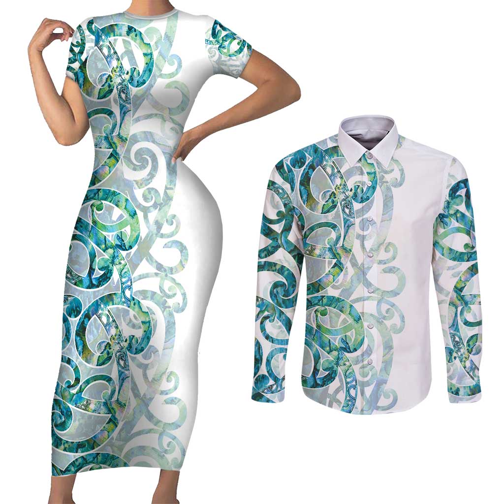 Paua Shell Maori Couples Matching Short Sleeve Bodycon Dress and Long Sleeve Button Shirt Koru Kowhaiwhai LT7 White - Polynesian Pride