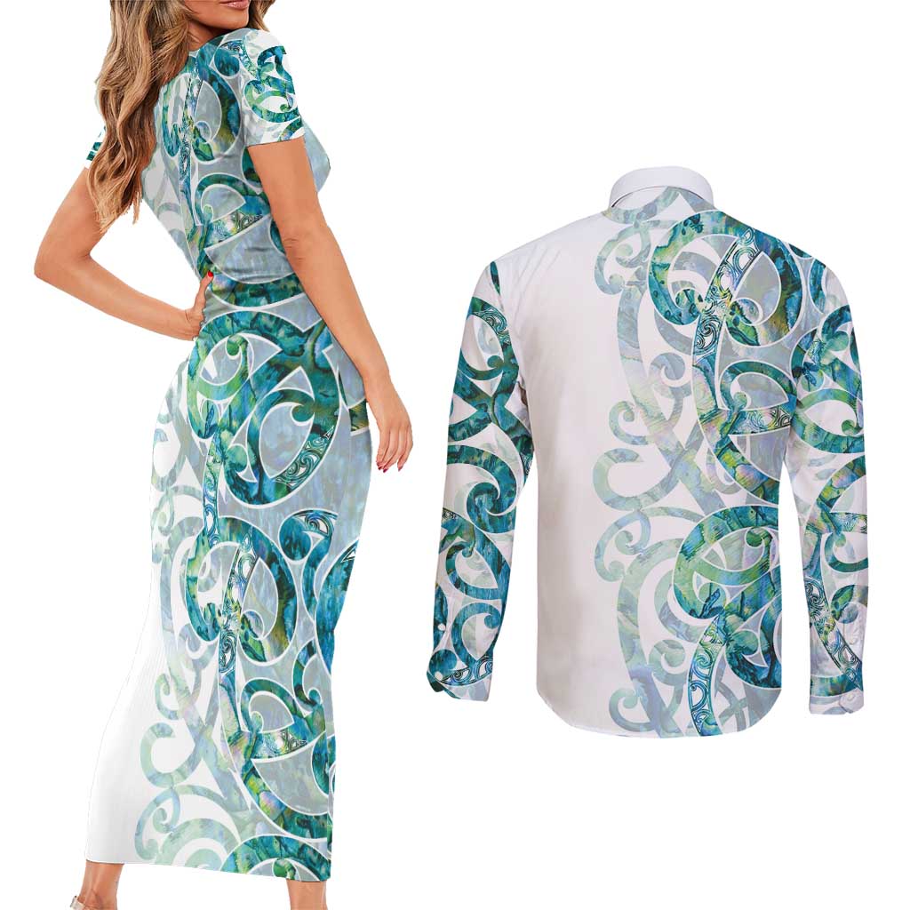 Paua Shell Maori Couples Matching Short Sleeve Bodycon Dress and Long Sleeve Button Shirt Koru Kowhaiwhai LT7 - Polynesian Pride
