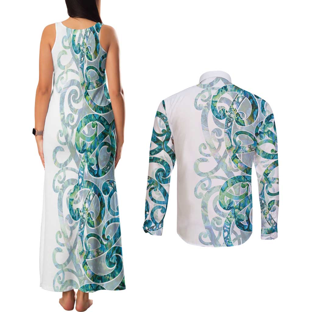 Paua Shell Maori Couples Matching Tank Maxi Dress and Long Sleeve Button Shirt Koru Kowhaiwhai LT7 - Polynesian Pride