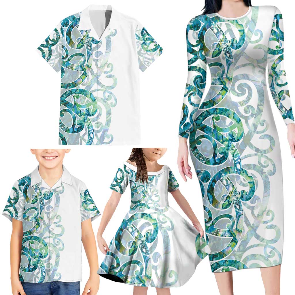 Paua Shell Maori Family Matching Long Sleeve Bodycon Dress and Hawaiian Shirt Koru Kowhaiwhai - Polynesian Pride