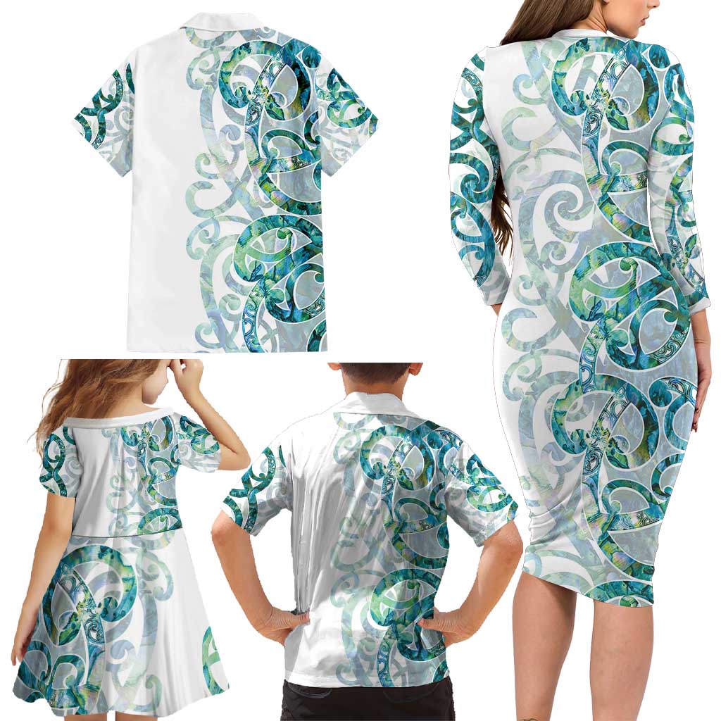 Paua Shell Maori Family Matching Long Sleeve Bodycon Dress and Hawaiian Shirt Koru Kowhaiwhai - Polynesian Pride