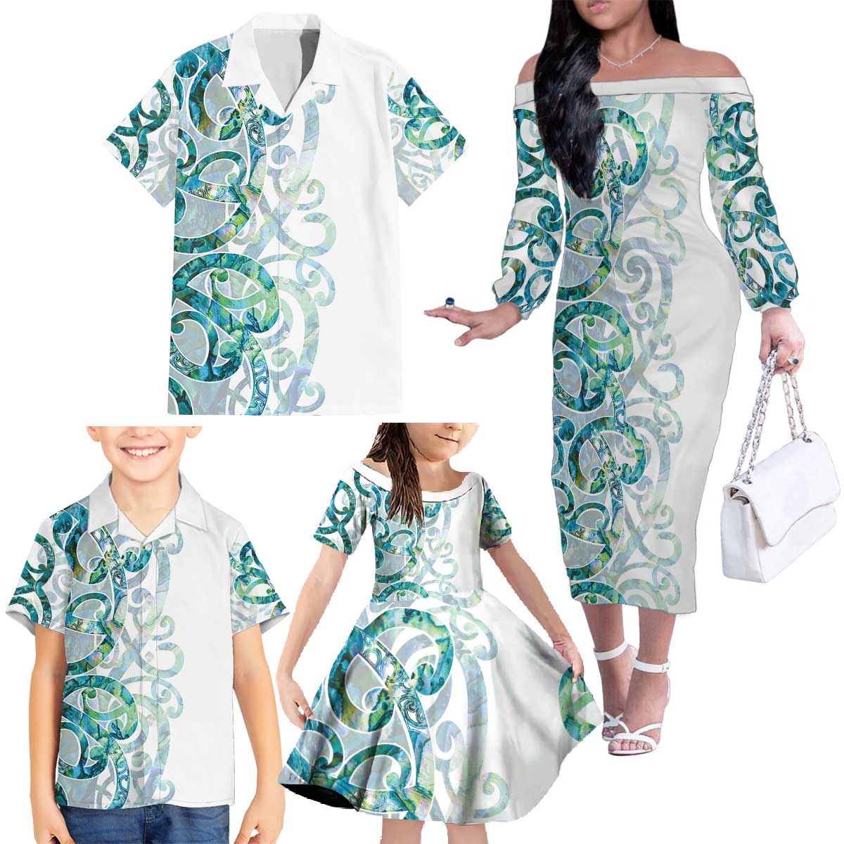 Paua Shell Maori Family Matching Off The Shoulder Long Sleeve Dress and Hawaiian Shirt Koru Kowhaiwhai LT7 - Polynesian Pride