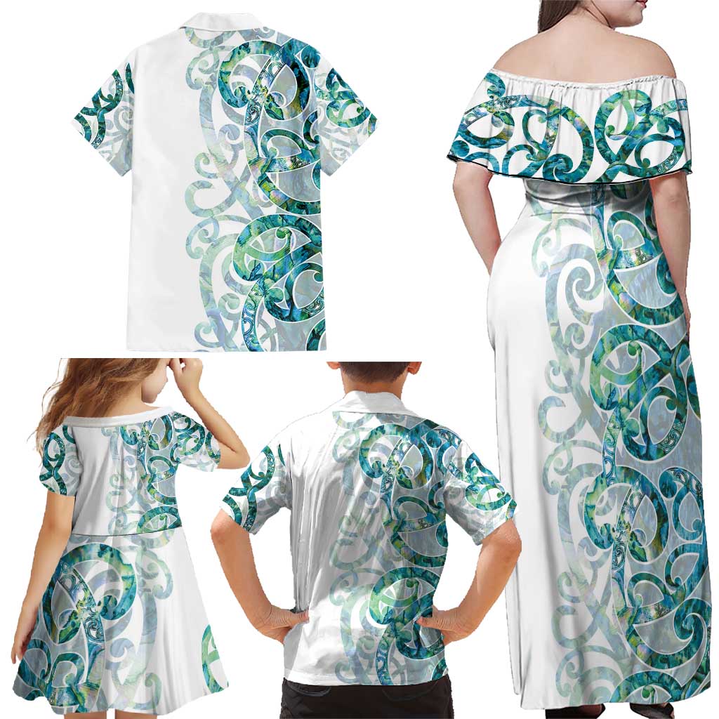 Paua Shell Maori Family Matching Off Shoulder Maxi Dress and Hawaiian Shirt Koru Kowhaiwhai - Polynesian Pride