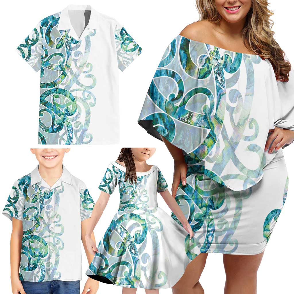 Paua Shell Maori Family Matching Off Shoulder Short Dress and Hawaiian Shirt Koru Kowhaiwhai - Polynesian Pride
