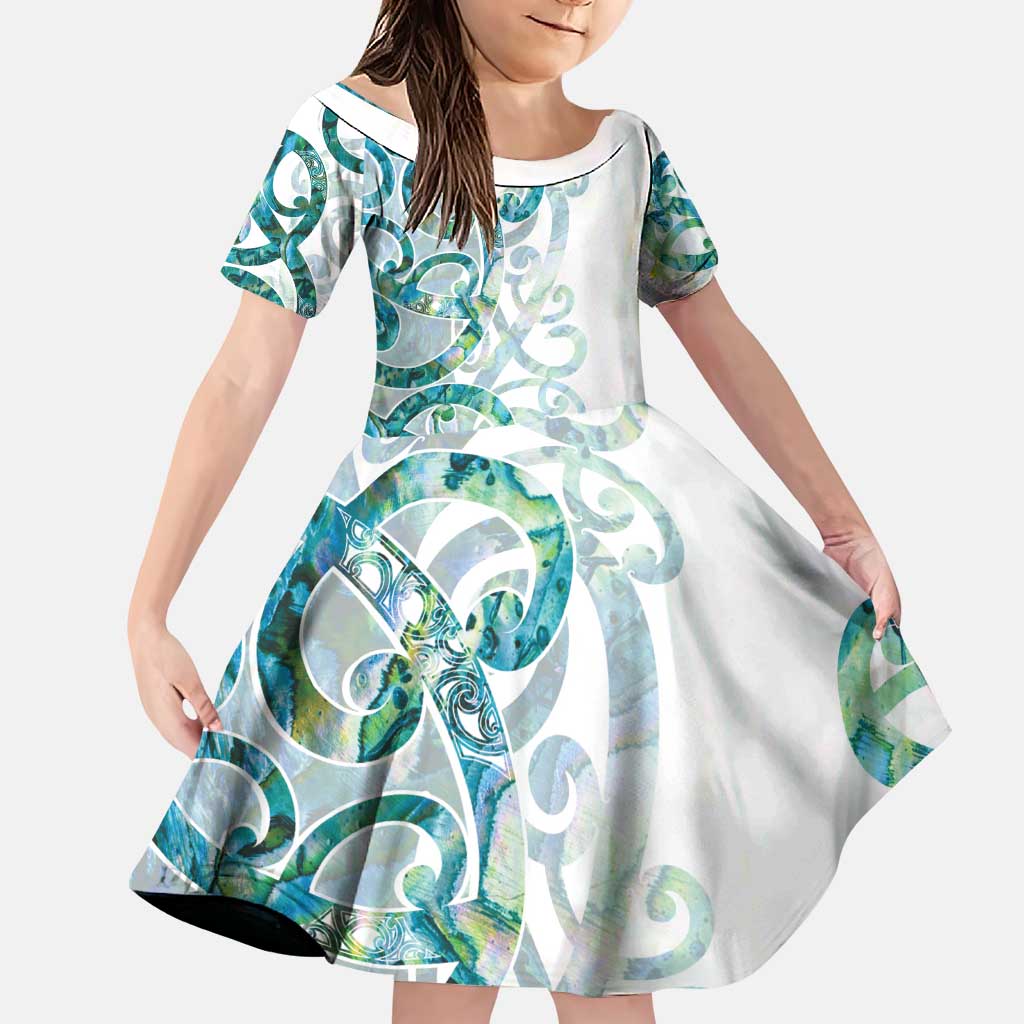 Paua Shell Maori Family Matching Puletasi and Hawaiian Shirt Koru Kowhaiwhai LT7 Daughter's Dress White - Polynesian Pride