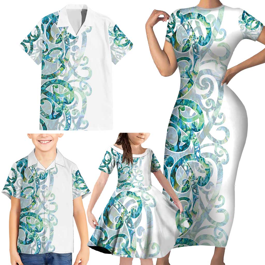 Paua Shell Maori Family Matching Short Sleeve Bodycon Dress and Hawaiian Shirt Koru Kowhaiwhai - Polynesian Pride