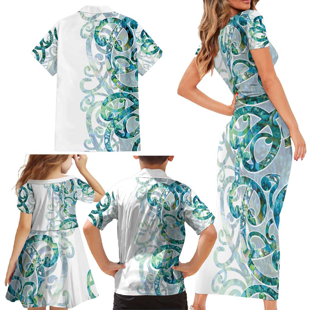 Paua Shell Maori Family Matching Short Sleeve Bodycon Dress and Hawaiian Shirt Koru Kowhaiwhai - Polynesian Pride