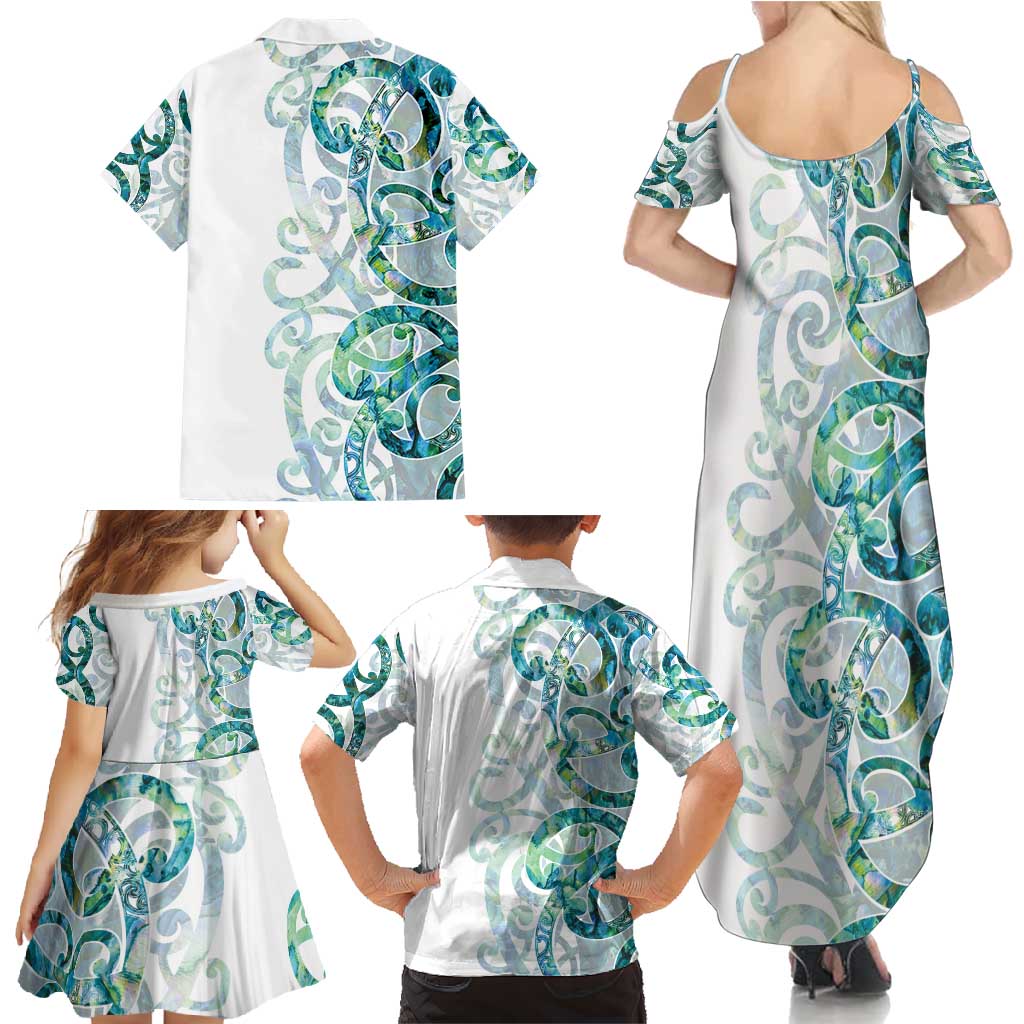 Paua Shell Maori Family Matching Summer Maxi Dress and Hawaiian Shirt Koru Kowhaiwhai - Polynesian Pride