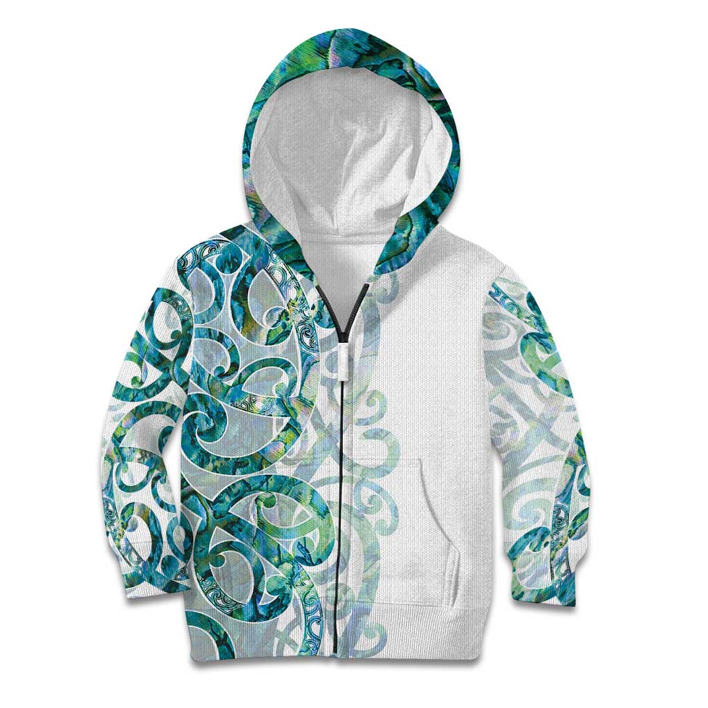 Paua Shell Maori Kid Hoodie Koru Kowhaiwhai LT7 Zip Hoodie White - Polynesian Pride