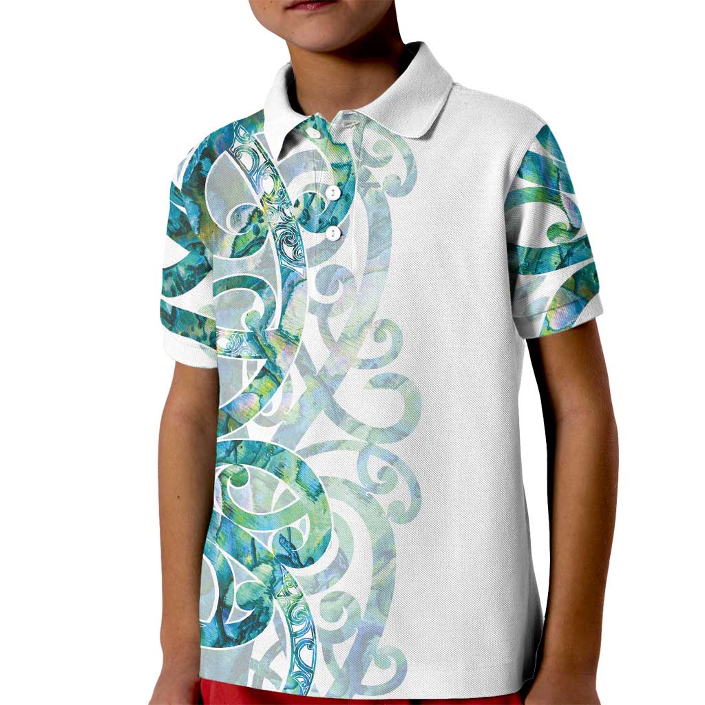 Paua Shell Maori Kid Polo Shirt Koru Kowhaiwhai LT7 Kid White - Polynesian Pride