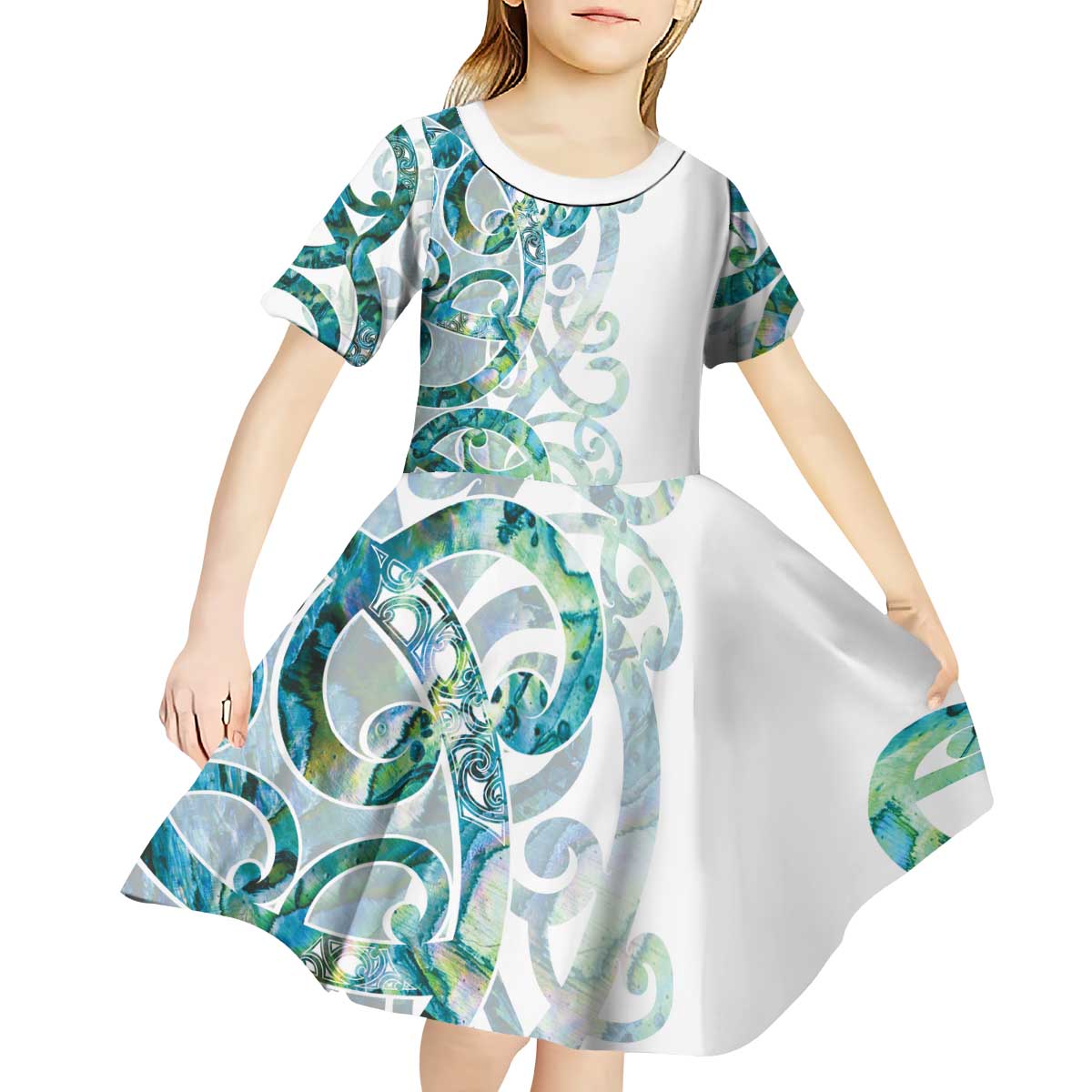 Paua Shell Maori Kid Short Sleeve Dress Koru Kowhaiwhai LT7 - Polynesian Pride