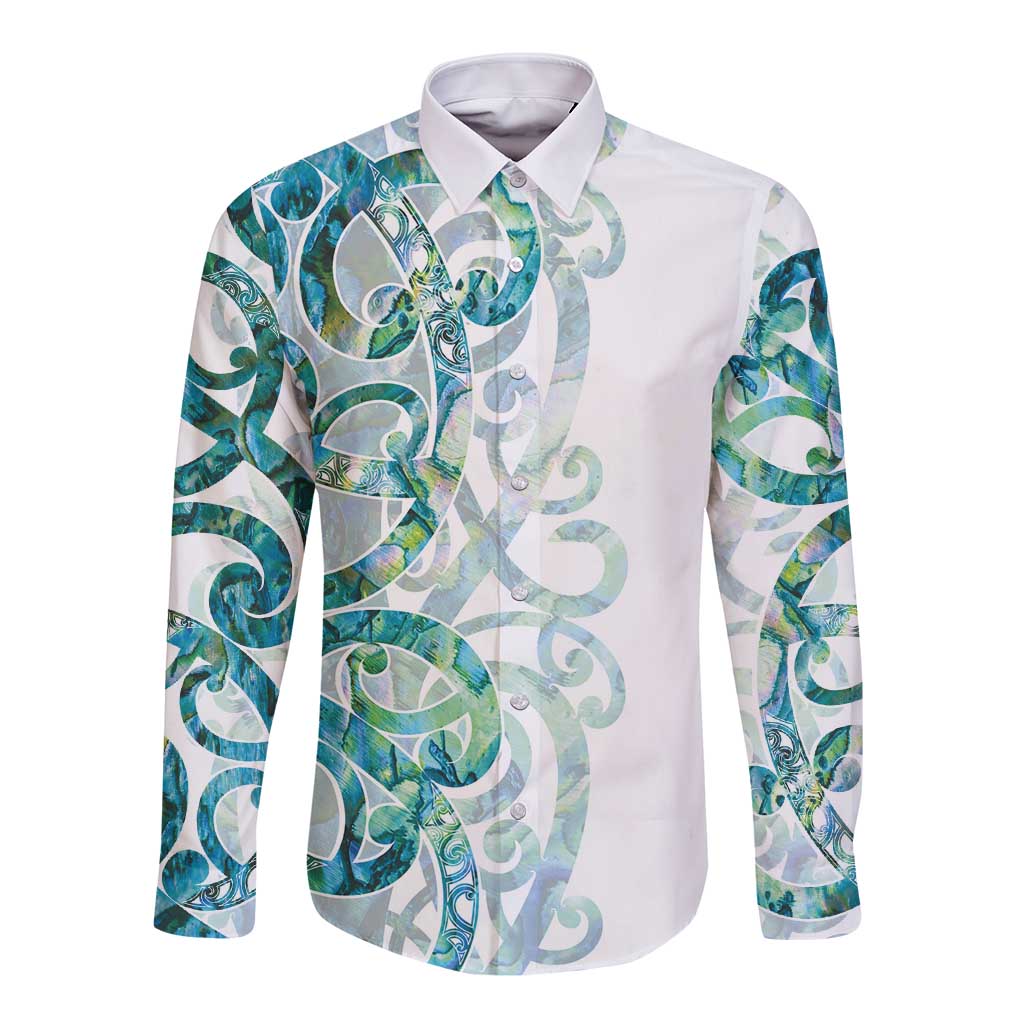 Paua Shell Maori Long Sleeve Button Shirt Koru Kowhaiwhai LT7 Unisex White - Polynesian Pride
