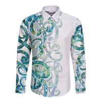 Paua Shell Maori Long Sleeve Button Shirt Koru Kowhaiwhai LT7 Unisex White - Polynesian Pride