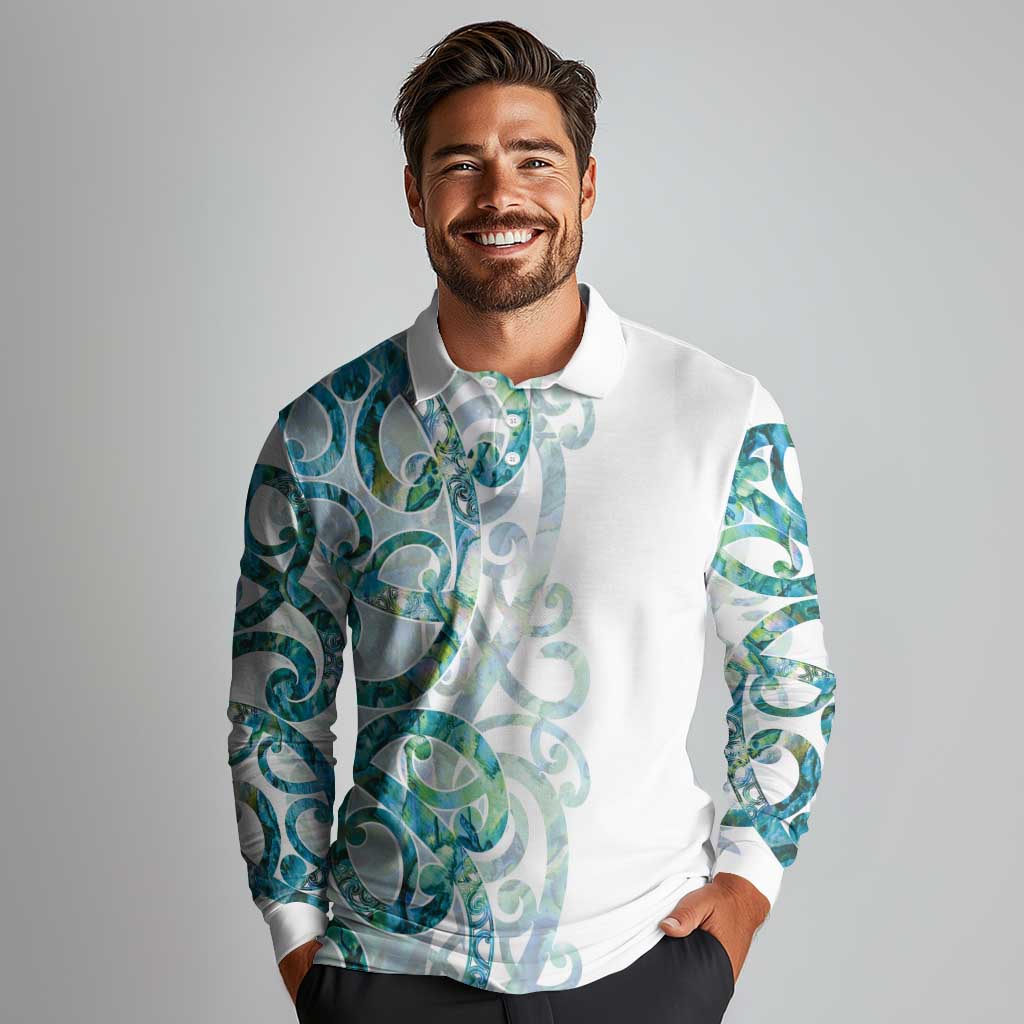 Paua Shell Maori Long Sleeve Polo Shirt Koru Kowhaiwhai LT7 - Polynesian Pride