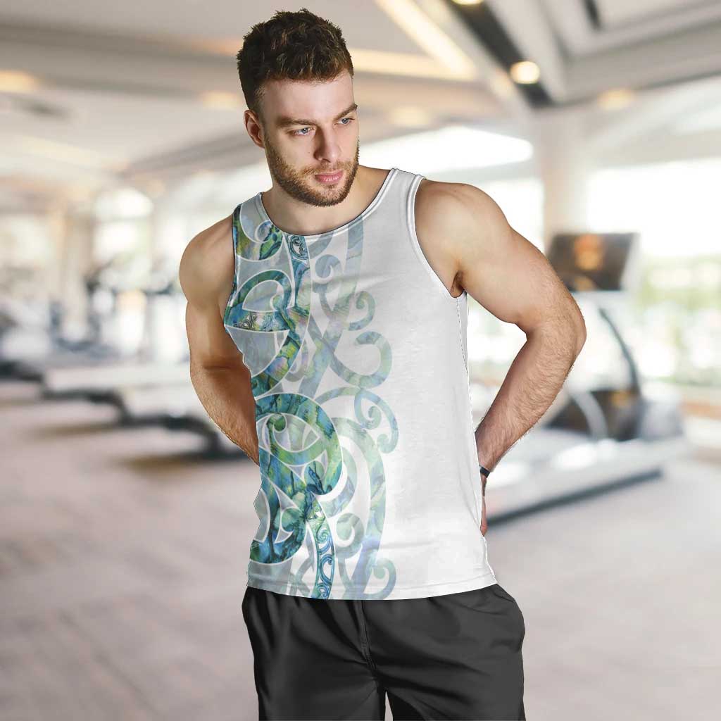Paua Shell Maori Men Tank Top Koru Kowhaiwhai LT7 White - Polynesian Pride