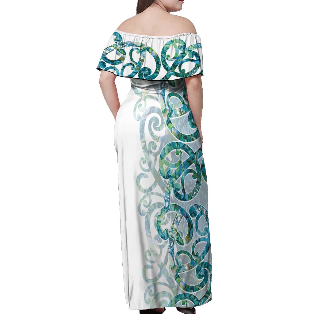 Paua Shell Maori Off Shoulder Maxi Dress Koru Kowhaiwhai LT7 - Polynesian Pride