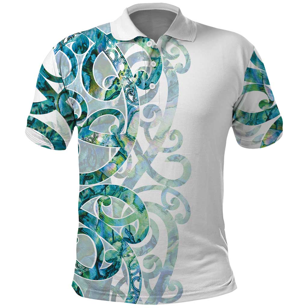Paua Shell Maori Polo Shirt Koru Kowhaiwhai LT7 White - Polynesian Pride