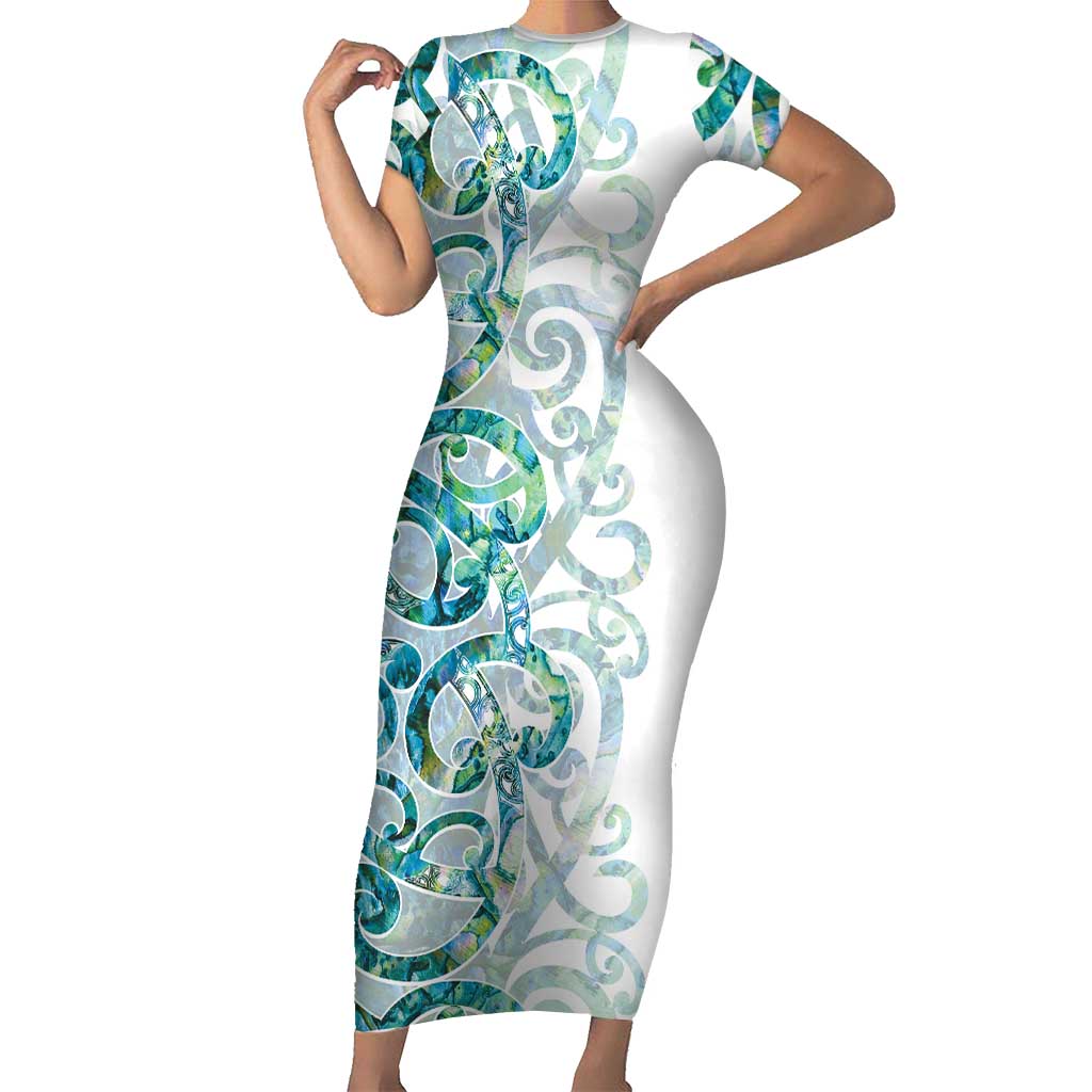 Paua Shell Maori Short Sleeve Bodycon Dress Koru Kowhaiwhai - Polynesian Pride