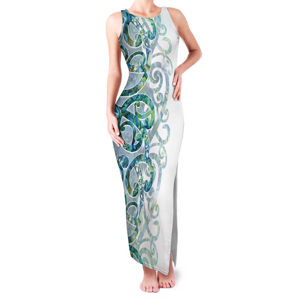 Paua Shell Maori Tank Maxi Dress Koru Kowhaiwhai LT7 Women White - Polynesian Pride