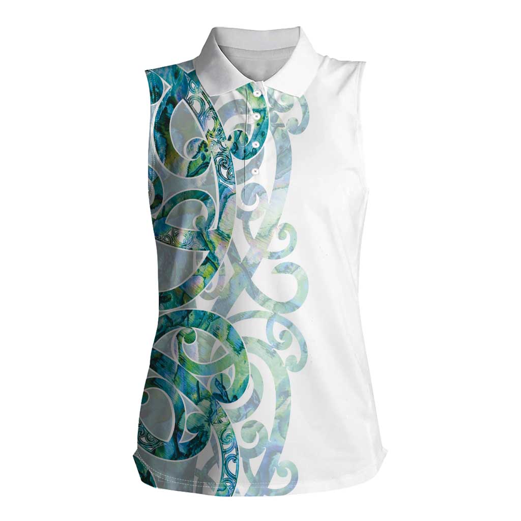 Paua Shell Maori Women Sleeveless Polo Shirt Koru Kowhaiwhai LT7 Female White - Polynesian Pride