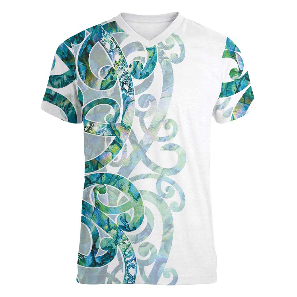 Paua Shell Maori Women V-Neck T-Shirt Koru Kowhaiwhai - Polynesian Pride