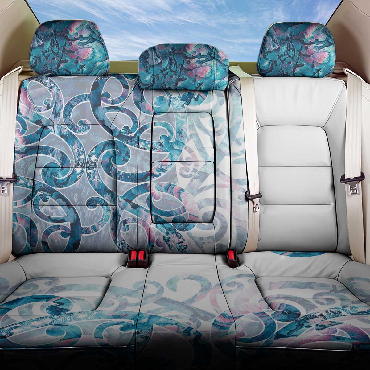 Turquoise Paua Shell Maori Back Car Seat Cover Koru Kowhaiwhai LT7 One Size White - Polynesian Pride