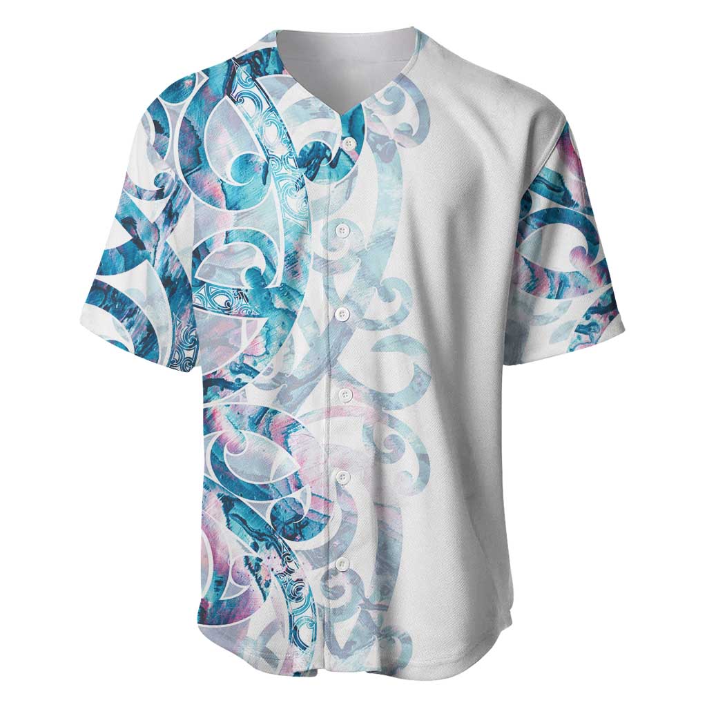 Turquoise Paua Shell Maori Baseball Jersey Koru Kowhaiwhai LT7 White - Polynesian Pride