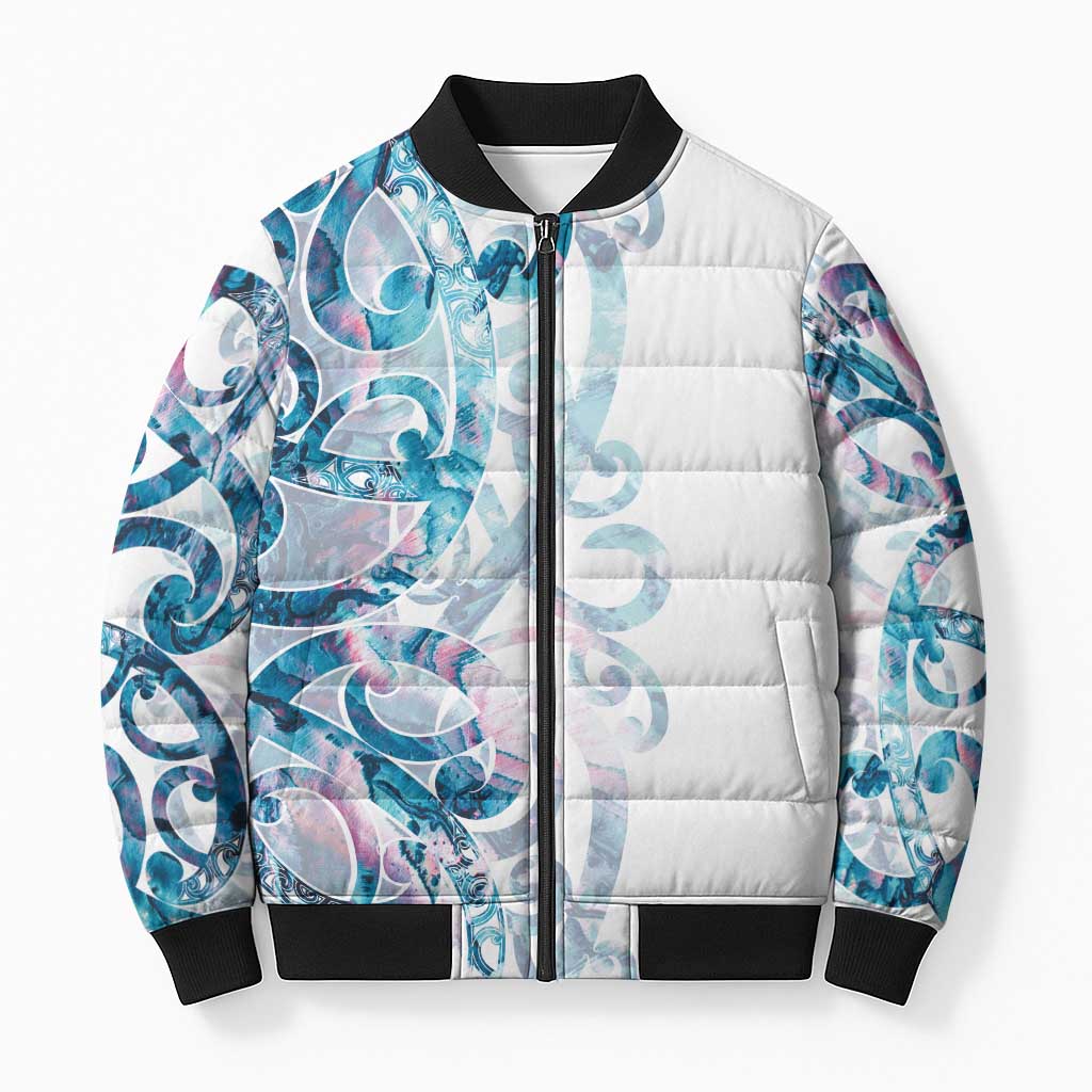 Turquoise Paua Shell Maori Bomber Puffer Jacket Koru Kowhaiwhai LT7 Unisex White - Polynesian Pride