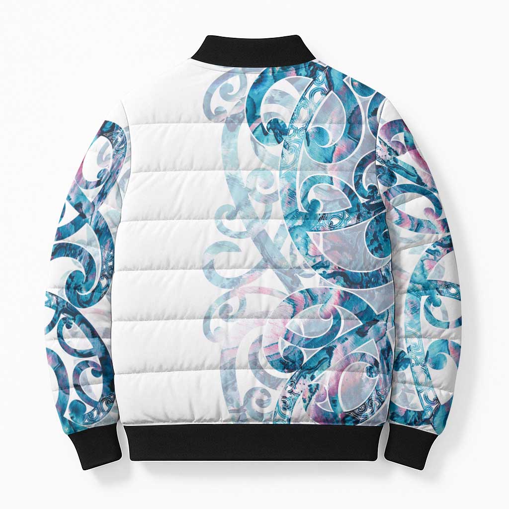 Turquoise Paua Shell Maori Bomber Puffer Jacket Koru Kowhaiwhai LT7 - Polynesian Pride