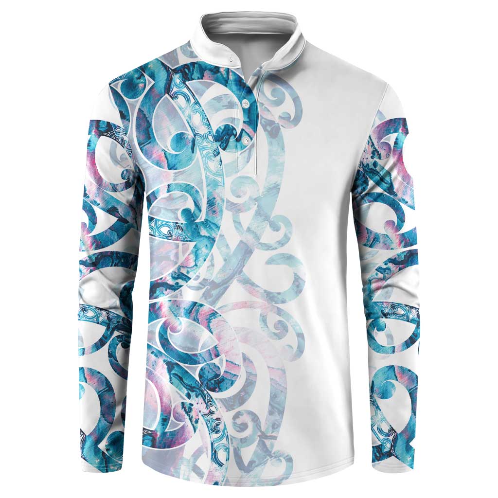 Turquoise Paua Shell Maori Button Sweatshirt Koru Kowhaiwhai LT7 White - Polynesian Pride