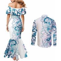 Turquoise Paua Shell Maori Couples Matching Mermaid Dress and Long Sleeve Button Shirt Koru Kowhaiwhai LT7 - Polynesian Pride