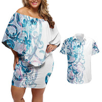 Turquoise Paua Shell Maori Couples Matching Off Shoulder Short Dress and Hawaiian Shirt Koru Kowhaiwhai LT7 White - Polynesian Pride