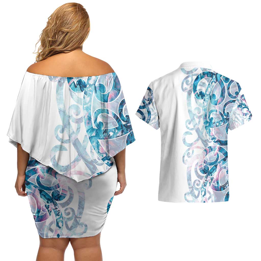 Turquoise Paua Shell Maori Couples Matching Off Shoulder Short Dress and Hawaiian Shirt Koru Kowhaiwhai LT7 - Polynesian Pride