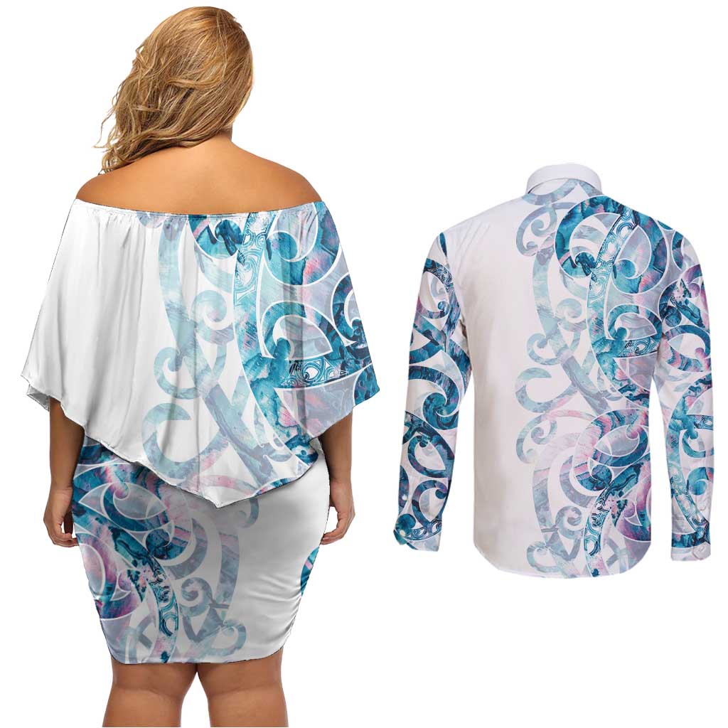 Turquoise Paua Shell Maori Couples Matching Off Shoulder Short Dress and Long Sleeve Button Shirt Koru Kowhaiwhai LT7 - Polynesian Pride