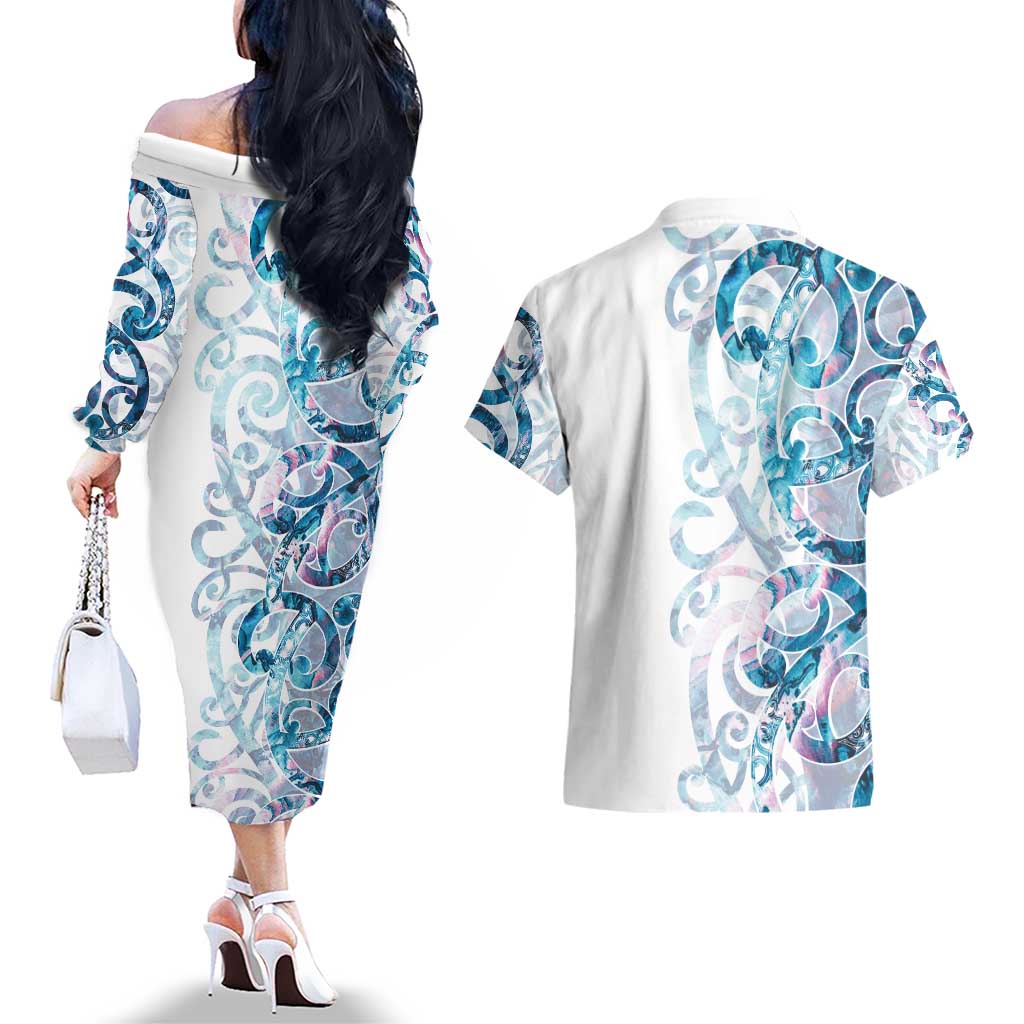 Turquoise Paua Shell Maori Couples Matching Off The Shoulder Long Sleeve Dress and Hawaiian Shirt Koru Kowhaiwhai - Polynesian Pride