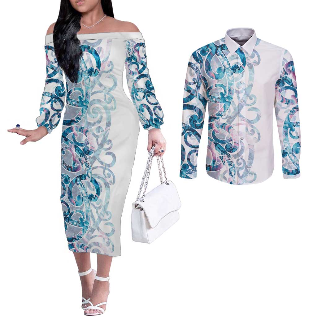 Turquoise Paua Shell Maori Couples Matching Off The Shoulder Long Sleeve Dress and Long Sleeve Button Shirt Koru Kowhaiwhai - Polynesian Pride
