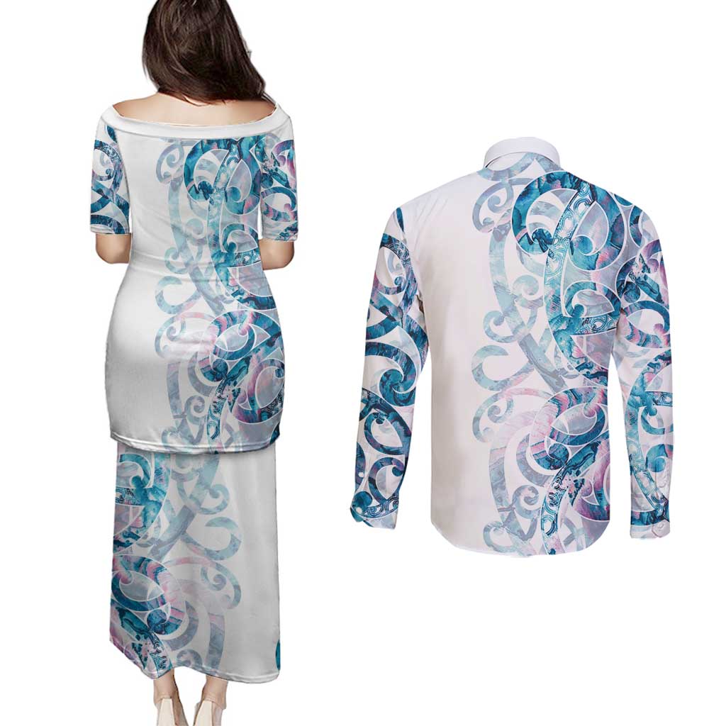 Turquoise Paua Shell Maori Couples Matching Puletasi and Long Sleeve Button Shirt Koru Kowhaiwhai LT7 - Polynesian Pride