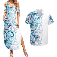 Turquoise Paua Shell Maori Couples Matching Summer Maxi Dress and Hawaiian Shirt Koru Kowhaiwhai LT7 White - Polynesian Pride