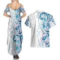 Turquoise Paua Shell Maori Couples Matching Summer Maxi Dress and Hawaiian Shirt Koru Kowhaiwhai LT7 - Polynesian Pride