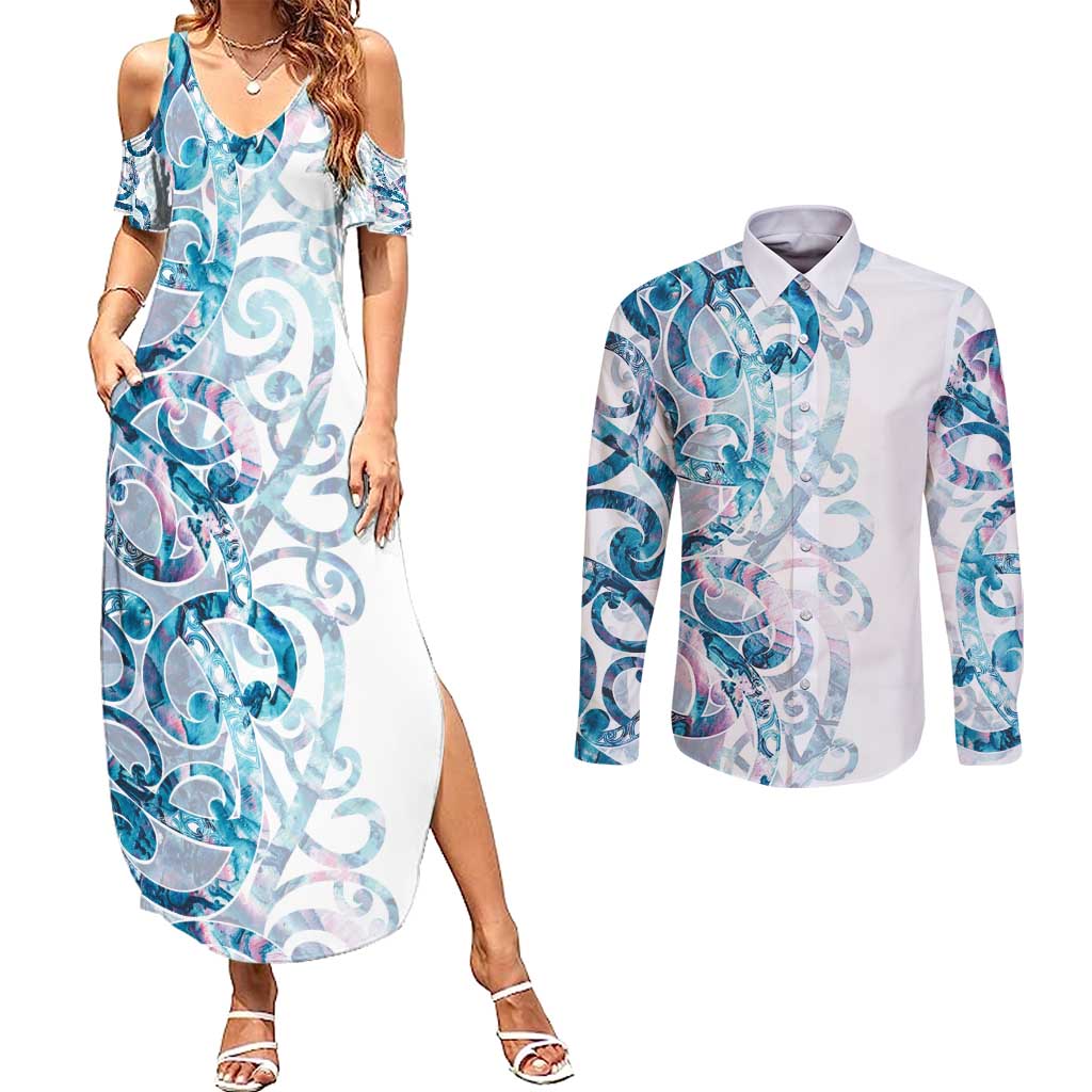 Turquoise Paua Shell Maori Couples Matching Summer Maxi Dress and Long Sleeve Button Shirt Koru Kowhaiwhai LT7 White - Polynesian Pride