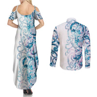 Turquoise Paua Shell Maori Couples Matching Summer Maxi Dress and Long Sleeve Button Shirt Koru Kowhaiwhai LT7 - Polynesian Pride