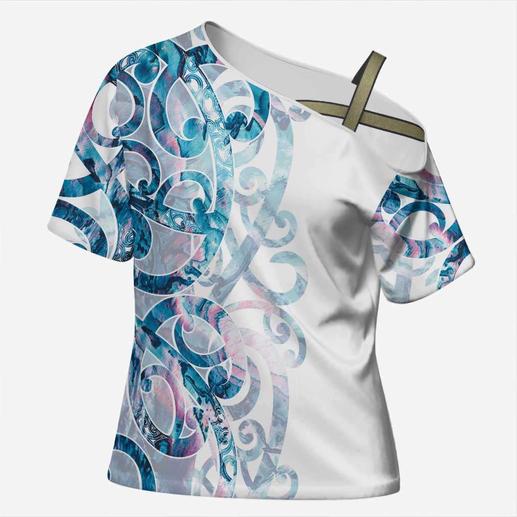 Turquoise Paua Shell Maori Cross Shoulder Shirt Koru Kowhaiwhai - Polynesian Pride