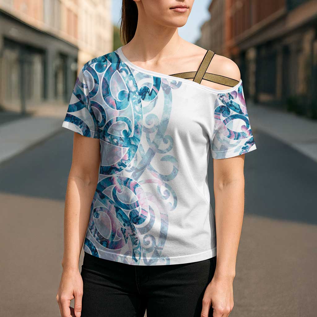 Turquoise Paua Shell Maori Cross Shoulder Shirt Koru Kowhaiwhai LT7 - Polynesian Pride